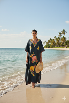  
Women’s Black Cotton Kaftan – Embroidered Boho Maxi Dress for Resort & Beach Wear L-2X
