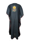 Women's Black Colorful Embroidered Cotton Maxi Kaftan  Boho Summer Dress  L-2X