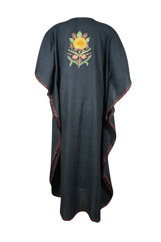 Women's Black Colorful Embroidered Cotton Maxi Kaftan  Boho Summer Dress  L-2X