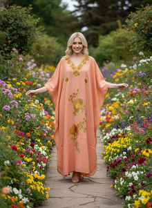  
Women’s Kashmiri Peach Kaftan – Hand-Embroidered Floral Caftan Dress, Boho Lounge  L-XL
