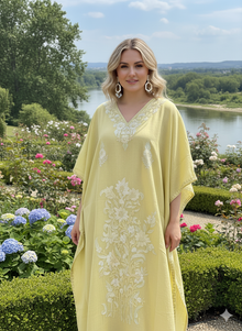  Women’s Lemon Yellow Kaftan – Hand-Embroidered Boho Caftan Dress, Lounge  L-2XL