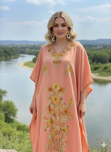 Women’s Coral Peach Kaftan – Floral Embroidered Boho Caftan Dress, Resort Wear L-2XL