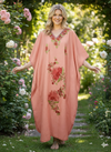 Women’s Kashmiri Coral Peach Caftan – Hand-Embroidered Floral Kaftan Dress L-2XL