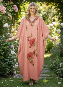  Women’s Kashmiri Coral Peach Caftan – Hand-Embroidered Floral Kaftan Dress L-2XL