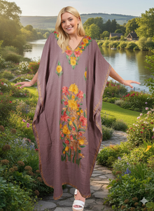  
Women’s Mauve Purple Cotton Kaftan – Hand-Embroidered Boho Housedress, Lounge Caftan  L-2XL
