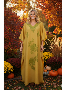  Women’s Yellow Boho Kaftan – Hand-Embroidered Maxi Dress for Lounge & Beach Wear L-2XL