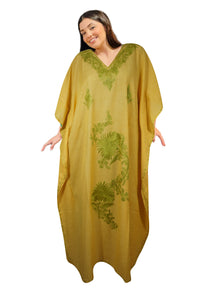  Women’s Yellow Boho Kaftan – Hand-Embroidered Maxi Dress for Lounge, Beach Wear L-2XL