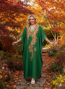  Women’s Green Embroidered Kaftan – Maxi Beach Cover-Up & Boho Caftan Dress  L-2XL