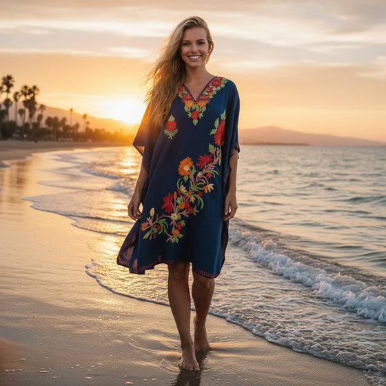 Women’s Navy Blue Caftan Midi Dress – Embroidered Cotton Kimono Kaftan  L-2X