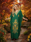 Women’s Kaftan Maxi Dress – Parakeet Green Butterfly Print Boho Dress L-3X
