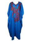 Women's Retro Kaftan Maxi Dress, Beach Navy Blue, Cotton Embroidered Maxi Dresses L-2X