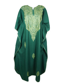  Women Cotton Maxi Embroidered Dress, Forest Green Oversized Long Kaftan Dresses, L-2X