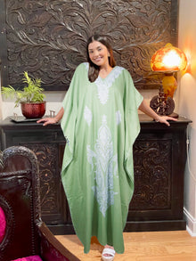  Women's Kaftan Maxi Dress, Mint Green Boho Maxi Dress, Beach Holidays, Lounger L-2X