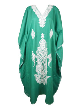 Womens Caftan Maxi Dress, Jade Green Embroidered Resort Maxi Kaftan Dresses L-2X