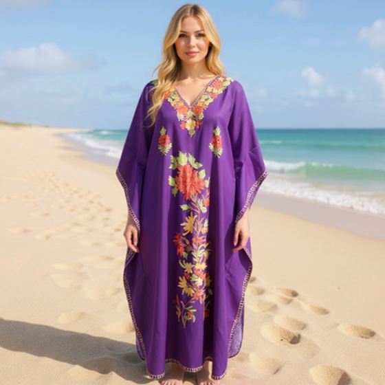 Women’s Purple Kaftan Maxi Dress – Floral Embroidered Caftan for Resort & Beach