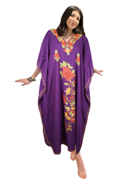 Women’s Coral Peach Kaftan Maxi Dress – Floral Embroidered Caftan for Resort & Beach L-2X