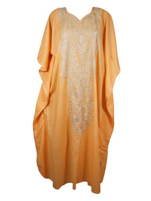  Women's Kaftan Maxi Dress, Peach Boho Cotton Embroidered Beach Holidays Dresses L-2X