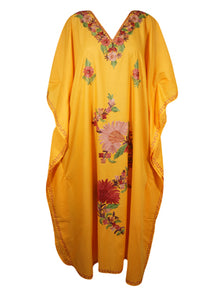  Women Cotton Embroidered Maxi Dress, mustard Yellow Leisure Wear Long Kaftan L-2X