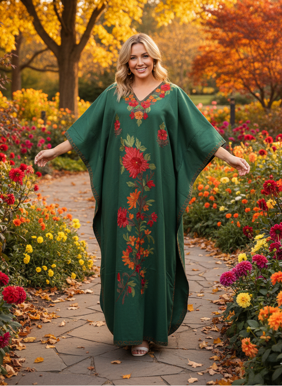 Kaftan Maxi Dress – Jade Green Embroidered Cotton Kimono Caftan for Women L-2X