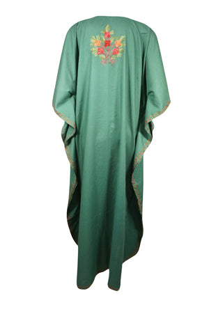 Kaftan Maxi Dress, Embroidered Kimono, Jade green Earthy Cotton Caftan Dresses L-2X