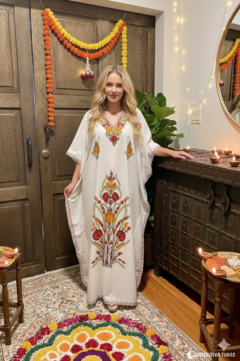  Women’s Snow White Travel Kaftan Dress Embroidered Caftan for Resort & Lounge Wear L-2X