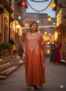  
Burnt Orange Embroidered Cotton Kaftan Maxi Dress – Boho Chic Caftan for Women L-2X
