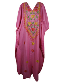  Womens Caftan Maxi Dress, Handmade Pink Floral Embroidered Kimono Dresses L-2X