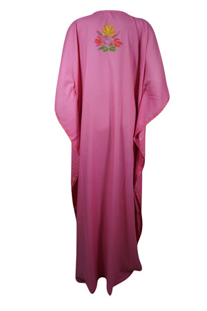 Womens Caftan Maxi Dress, Handmade Pink Floral Embroidered Kimono Dresses L-2X