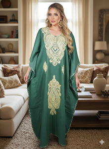 Women’s Green Floral Caftan Maxi Dress – Handmade Embroidered Kimono Dress  L-2X