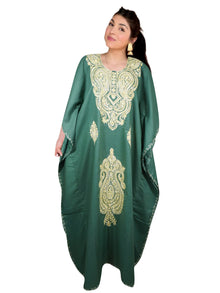  Womens Caftan Maxi Dress, Handmade Green Floral Embroidered Kimono Dresses L-2X