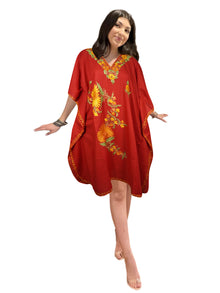  Womens Kaftan Midi Dress, Embroidered Floral Beach Cover Up, Orange Midi Dresses L-2X