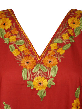Womens Kaftan Midi Dress, Embroidered Floral Beach Cover Up, Orange Midi Dresses L-2X