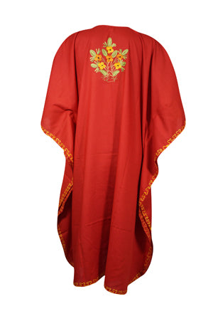 Womens Kaftan Midi Dress, Embroidered Floral Beach Cover Up, Orange Midi Dresses L-2X
