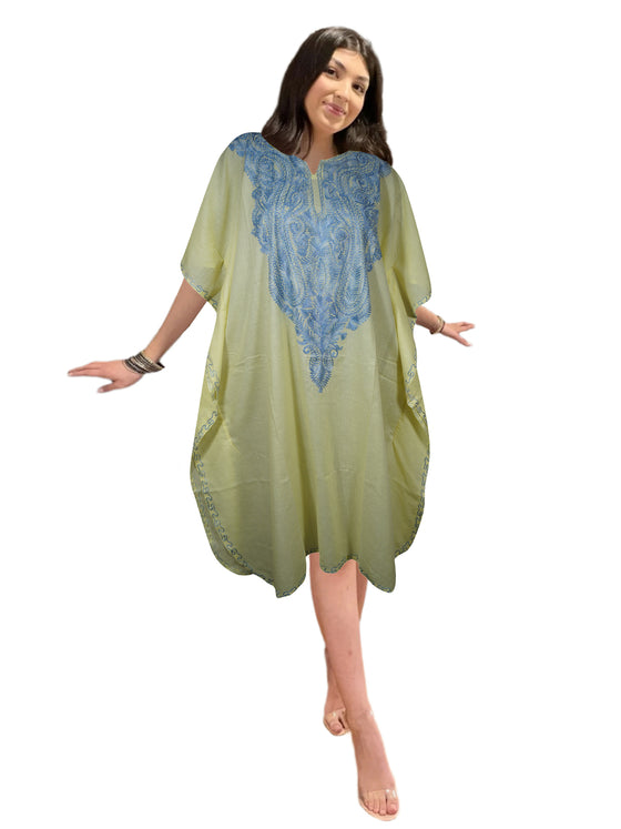 Womens Short Kaftan Dresses, Embellished Floral Yellow Lounger Cover Up Dresses L-2X