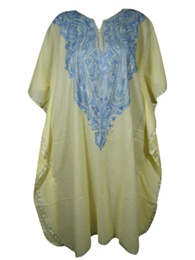 Womens Short Kaftan Dresses, Embellished Floral Yellow Lounger Cover Up Dresses L-2X
