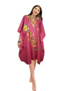 Womens Kaftan Midi Dress, Cotton Embroidered Pink Beach Caftan Dresses L-2X