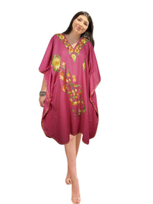  Womens Kaftan Midi Dress, Cotton Embroidered Pink Beach Caftan Dresses L-2X