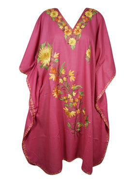 Womens Kaftan Midi Dress, Cotton Embroidered Pink Beach Caftan Dresses L-2X