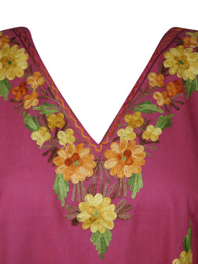 Womens Kaftan Midi Dress, Cotton Embroidered Pink Beach Caftan Dresses L-2X