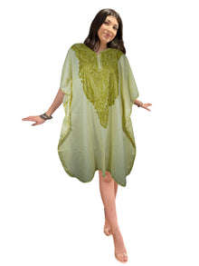  Womens Kaftan Midi Dress, Green Embellished Floral Caftan, Travel Dresses, L-2X