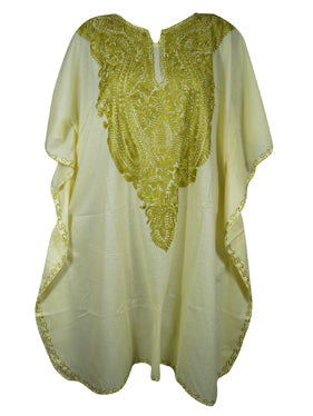 Womens Kaftan Midi Dress, Green Embellished Floral Caftan, Travel Dresses, L-2X