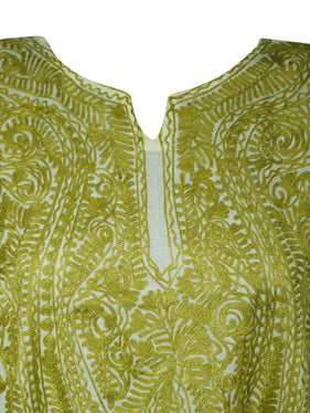 Womens Kaftan Midi Dress, Green Embellished Floral Caftan, Travel Dresses, L-2X