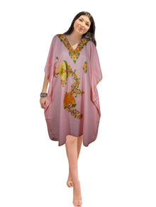  Womens Embroidered Kaftan Short Dress, Pink Floral Kashmiri Caftan Dress L-2X