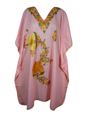 Womens Embroidered Kaftan Short Dress, Pink Floral Kashmiri Caftan Dress L-2X