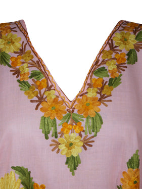 Womens Embroidered Kaftan Short Dress, Pink Floral Kashmiri Caftan Dress L-2X