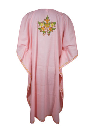 Womens Embroidered Kaftan Short Dress, Pink Floral Kashmiri Caftan Dress L-2X