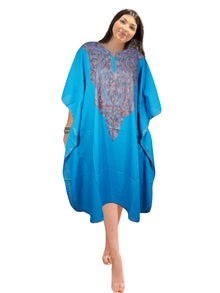  Womens Blue Kaftan Short Dress Kimono Cotton Embroidered Caftan Dresses L-2X