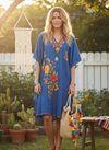 Women’s Lush Blue Embroidered Kaftan – Kimono Resort Wear Dress L-2X