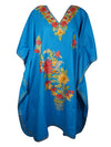 Womens Cotton Short Kaftan, Embroidered Blue Floral Fall Boho Kimono Dresses L-2X