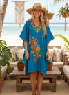 Women’s Blue Floral Embroidered Cotton Kaftan – Kimono Beach Cover Up Dress  L-2X